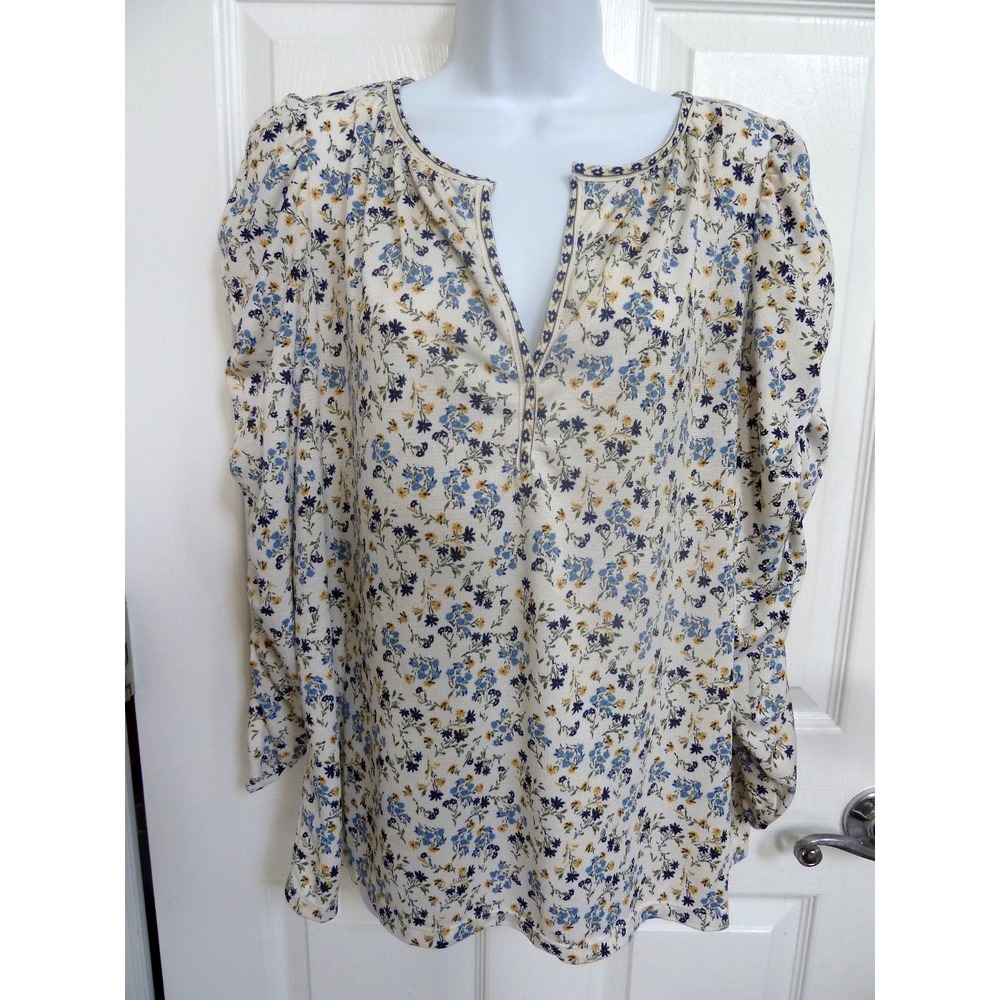 MAX STUDIO Plus Sz 1X Ruched Long Sleeves Floral Pullover Blouse 1W10Q75